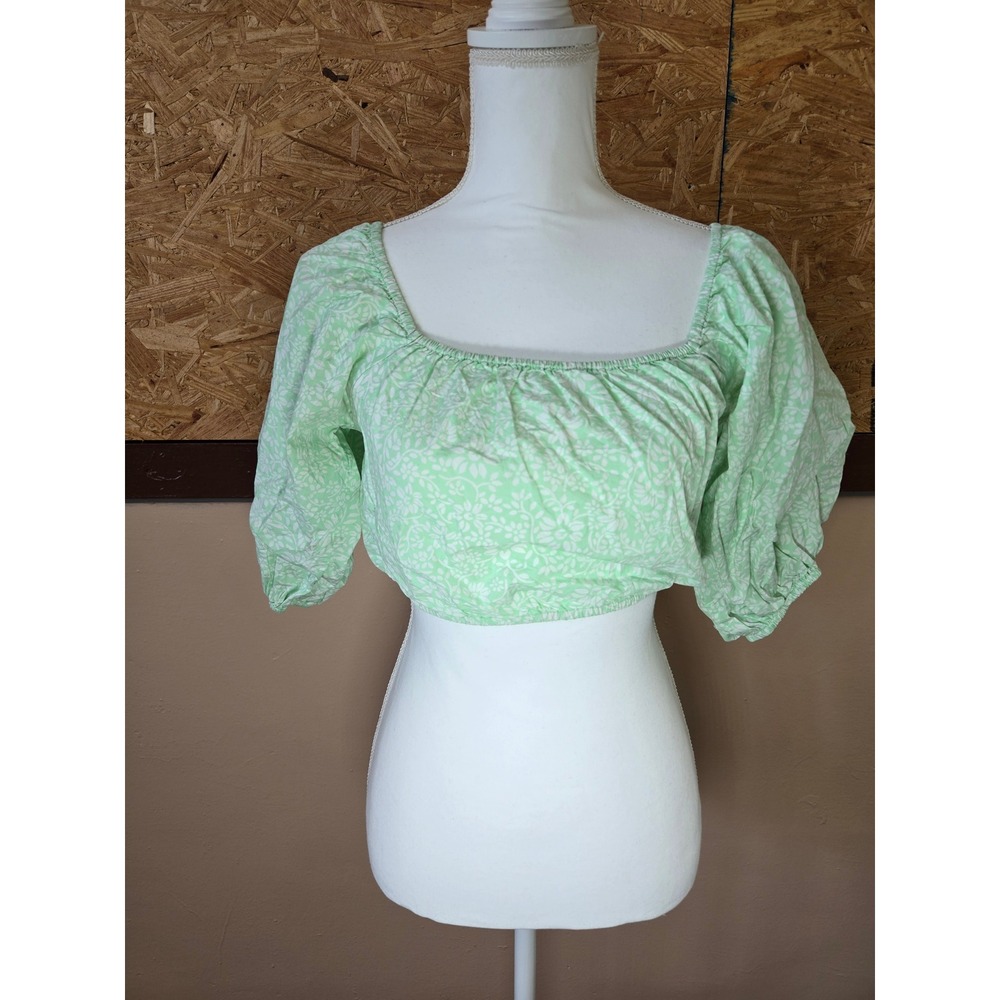 Billabong Womens Mint Green Floral Puff Sleeve Cotton Crop Top Size‎ M 1849